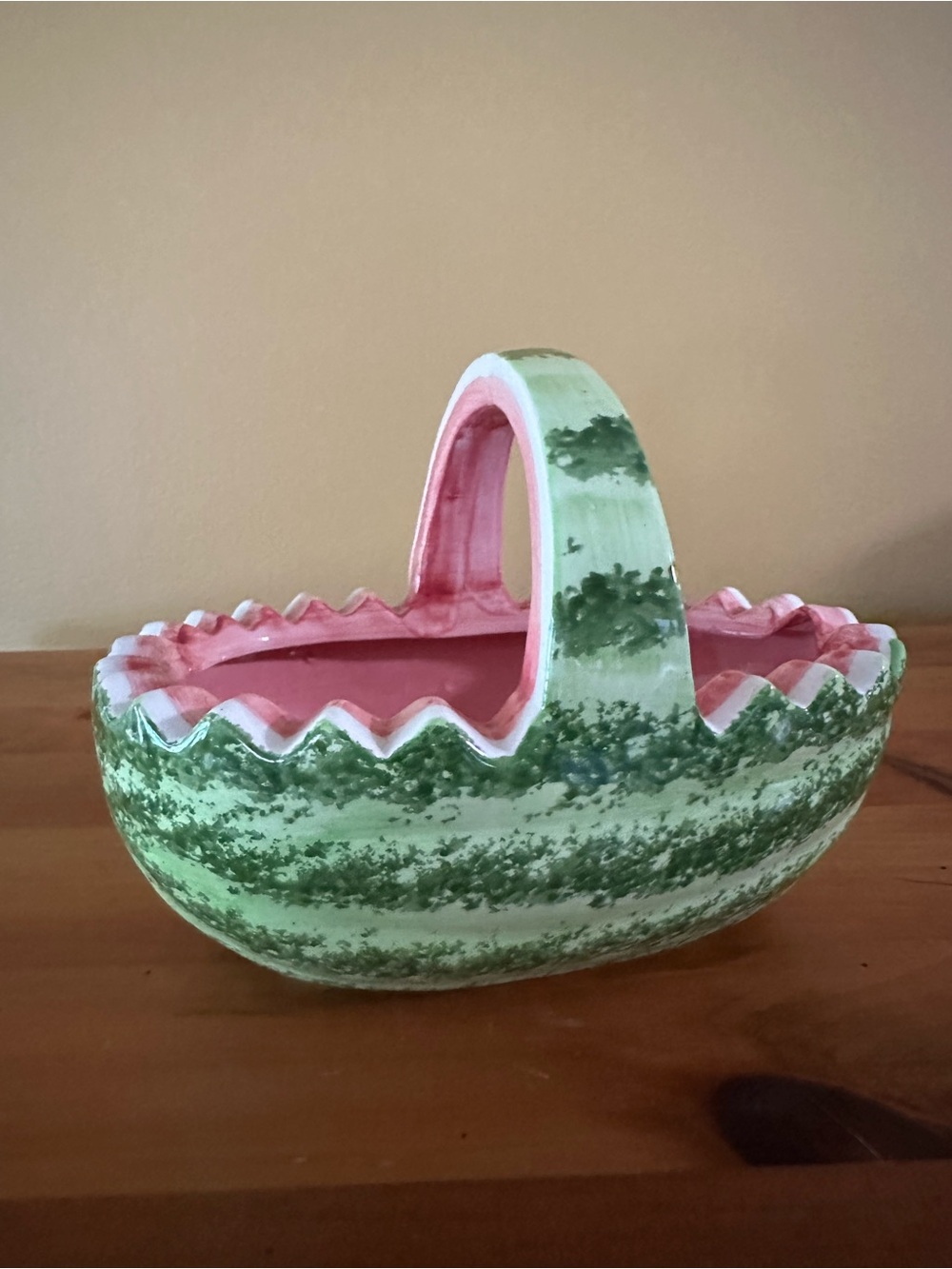 Handmade Ceramic Basket with Pink Interior and Green Speckled Exterior